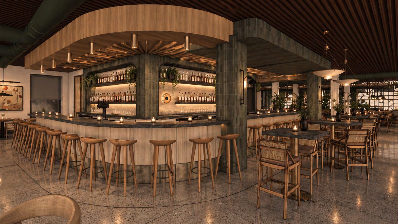 Wraparound bar with wooden stools and green tile columns