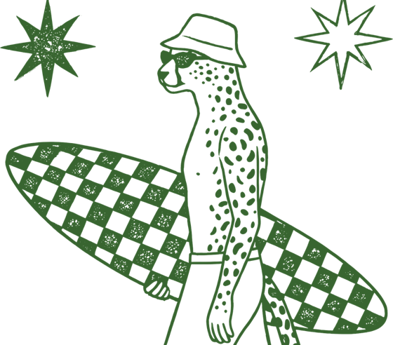 A cheetah in a bucket hat carrying a checkered surfboard