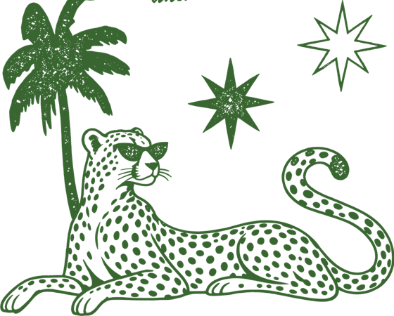 A cheetah in sunglasses lounging under a palm tree