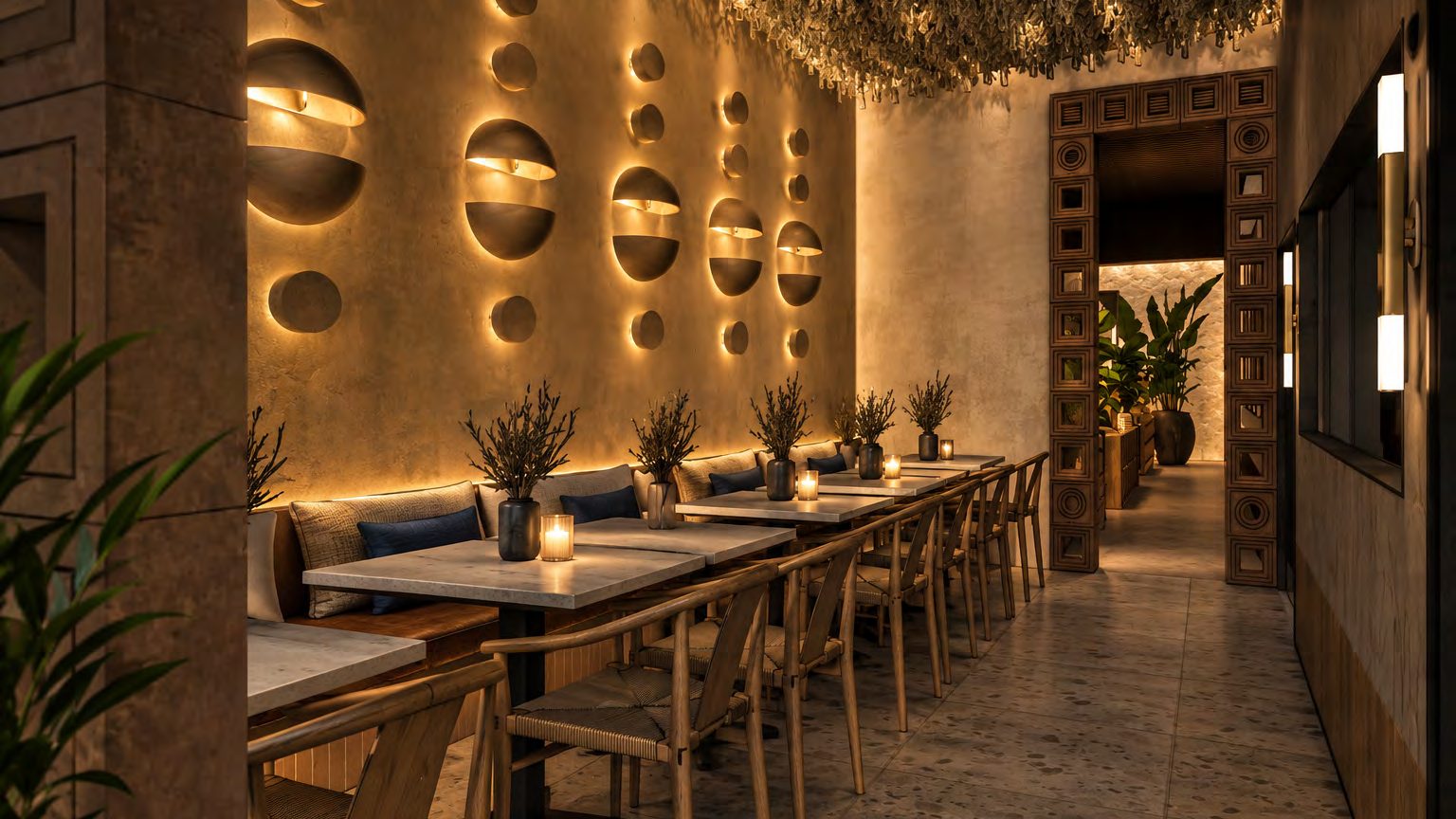 Banquette dining beneath glowing sculptural wall lights