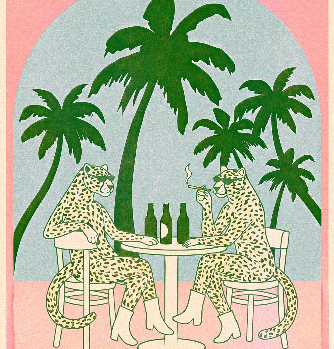 Two cheetahs in sunglasses sharing beers at a café table under palm trees
