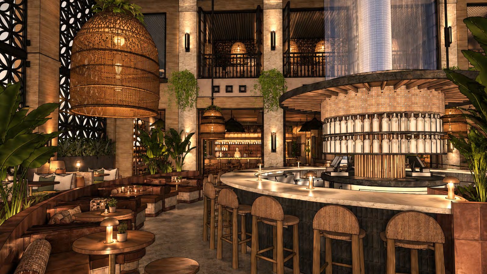 Round patio bar under a giant woven lantern