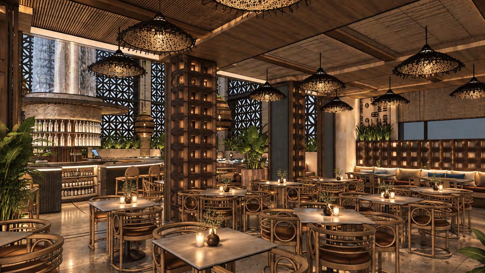 Patio dining room with woven pendant lights and candlelit tables